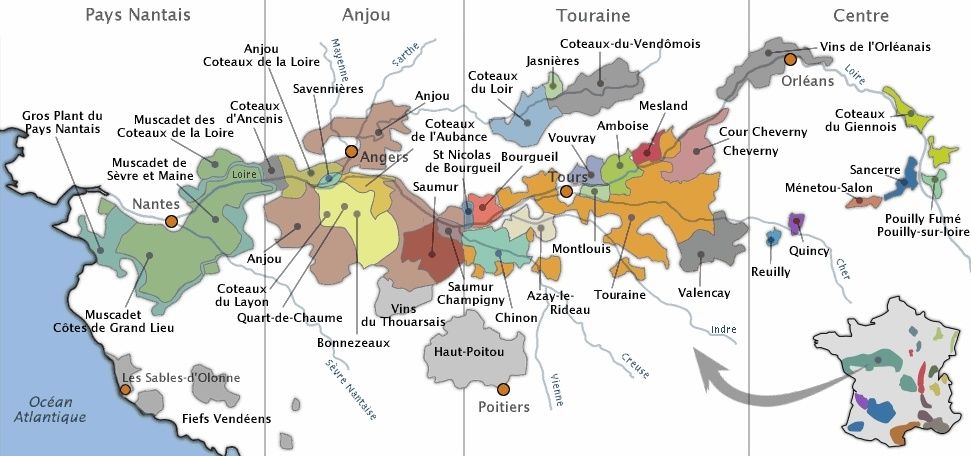 Cartes des vignobles ou régions vitivinicoles de France, avec les AOC (Appellations d'Origine Controlée) par région