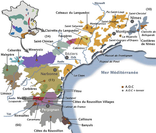 Cartes des vignobles ou régions vitivinicoles de France, avec les AOC (Appellations d'Origine Controlée) par région
