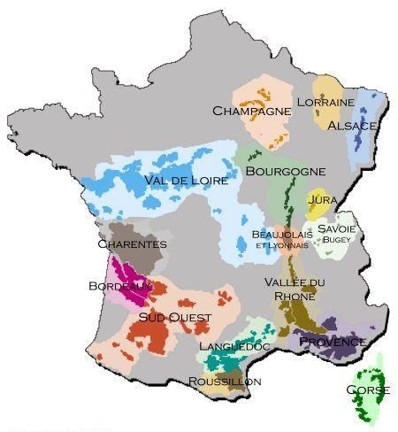 Cartes des vignobles ou régions vitivinicoles de France, avec les AOC (Appellations d'Origine Controlée) par région