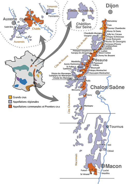 Cartes des vignobles ou régions vitivinicoles de France, avec les AOC (Appellations d'Origine Controlée) par région