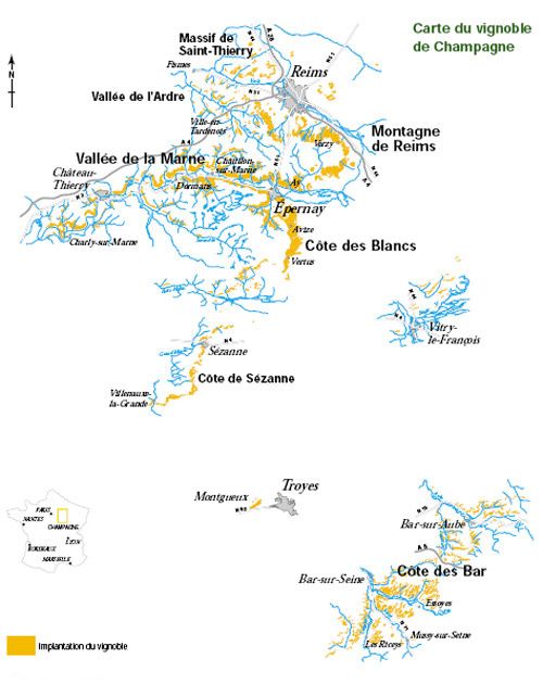 Cartes des vignobles ou régions vitivinicoles de France, avec les AOC (Appellations d'Origine Controlée) par région