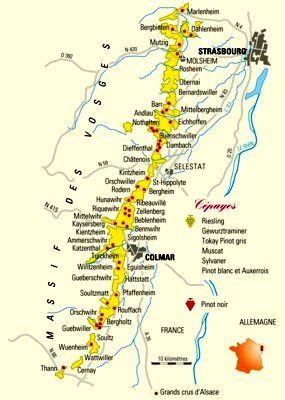 Cartes des vignobles ou régions vitivinicoles de France, avec les AOC (Appellations d'Origine Controlée) par région